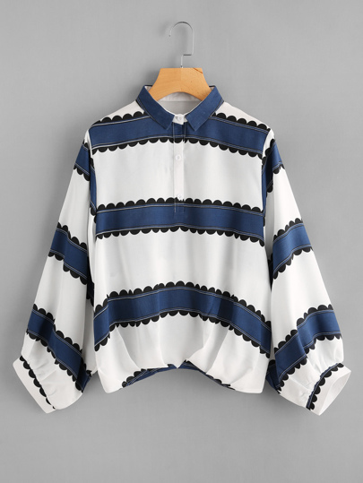 Lantern Sleeve Pleated Detail Contrast Print Shirt