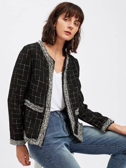 Frayed Trim Open Front Grid Tweed Blazer