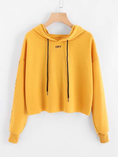 Letter Print Drop Shoulder Raw Hem Hoodie