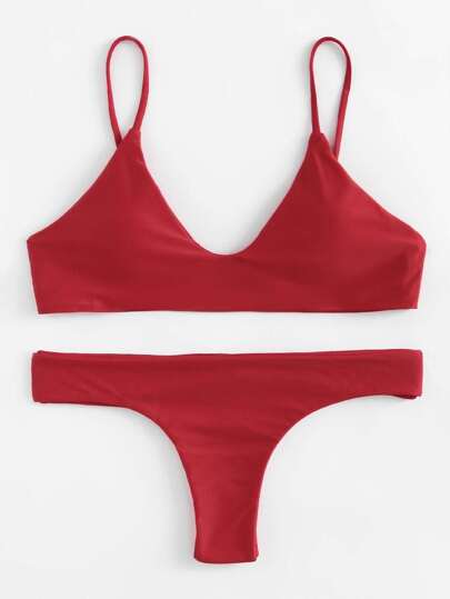 Adjustable Straps Plunge Neckline Bikini Set