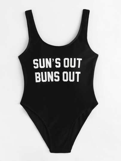 Slogan Print Low Back Swimsuit