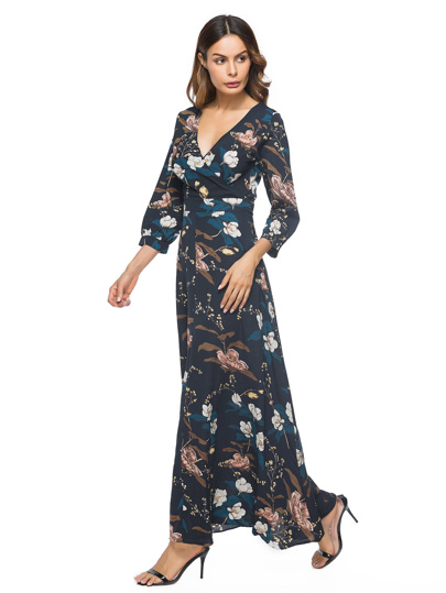 Vestido de cuello cruzado con estampado botánico