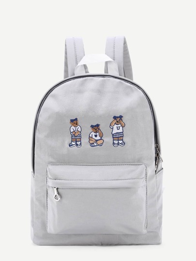 Mochila de bordado de oso con bolsillo en la parte delantera