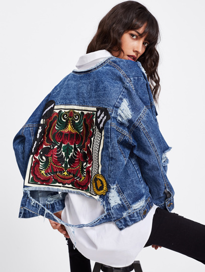Embroidered Back Extreme Distressing Denim Jacket