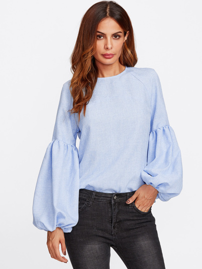Exaggerated Lantern Sleeve Keyhole Back Top