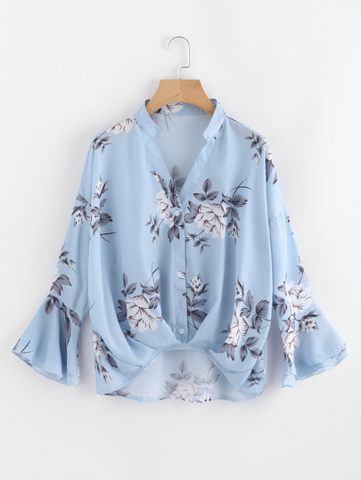 Flower Print Gathered Pleated Front Blouse