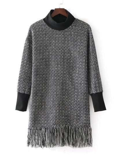 Contrast Trim Fringe Hem Tweed Dress