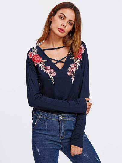Rose Embroidered Patch Strappy Neck Tee