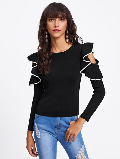 Contrast Binding Flounce Open Shoulder Ribbed Jumper