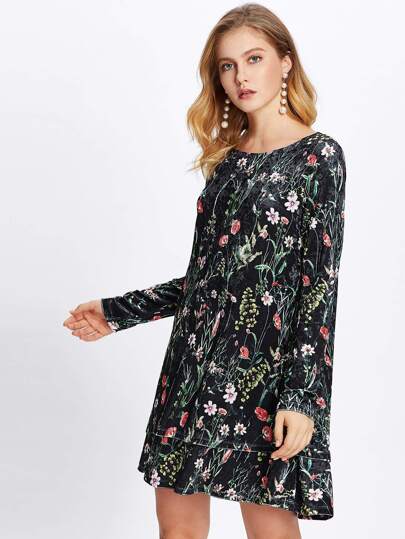 Layered Hem Botanical Velvet Dress