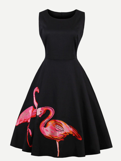Flamingo Embroidered Swing Dress