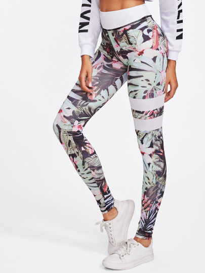 Floral Print Striped Skinny Leggings
