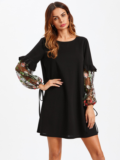 Contrast Embroidery Mesh Tied Sleeve Frill Detail Dress