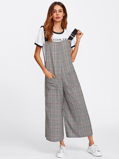 Checked Wide Leg Pinafore Jumpsuit