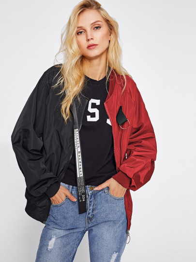 Two Tone Patch Back Letter Ribbon Detail Bomber Jacket