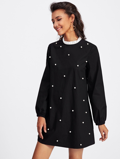 Contrast Frill Neck Pearl Embellished Dress