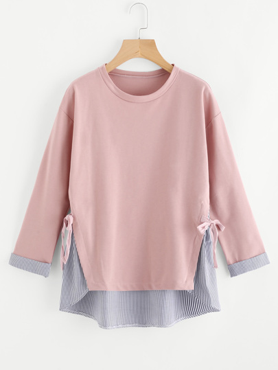 Contrast Striped Dip Hem Self Tie Cuffed Sweatshirt