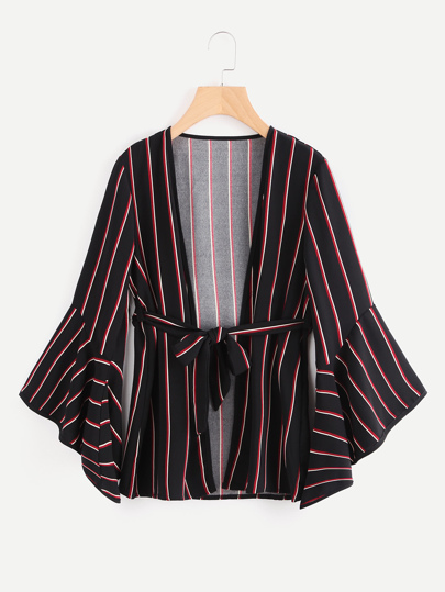Bell Sleeve Tie Waist Pinstripe Kimono