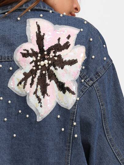 Jeans Jacke mit Paillettenpplikationen, Perlen Detail und Rissen