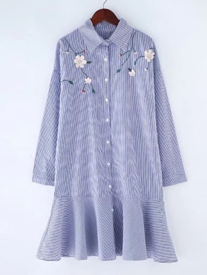 Embroidery Flower Drop Waist Striped Dress