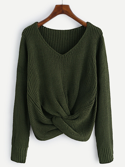 V-neckline Twist Front Chunky Sweater