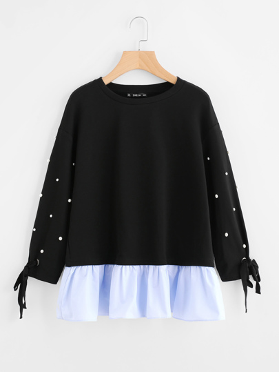 Tied Cuff Pearl Beading Ruffle Hem Pullover