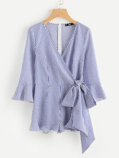 Bell Sleeve Frilled Trim Surplice Wrap Romper