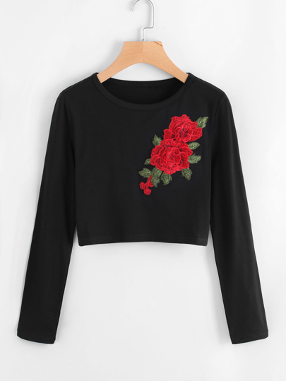 T-shirt con applique ricamato di rosa