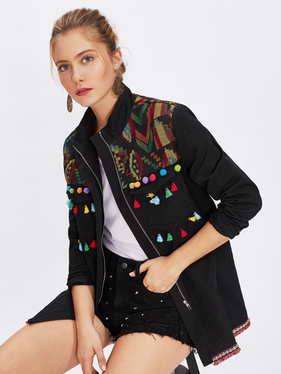 Embroidered Yoke Tassel And Pom Pom Trim Utility Jacket