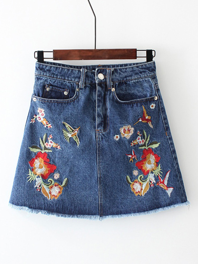 Flower Embroidery Frayed Edge Denim Skirt