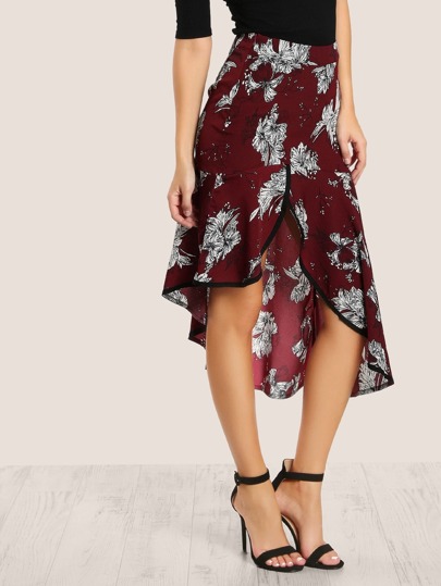 Contrast Binding Asymmetric Ruffle Hem Skirt
