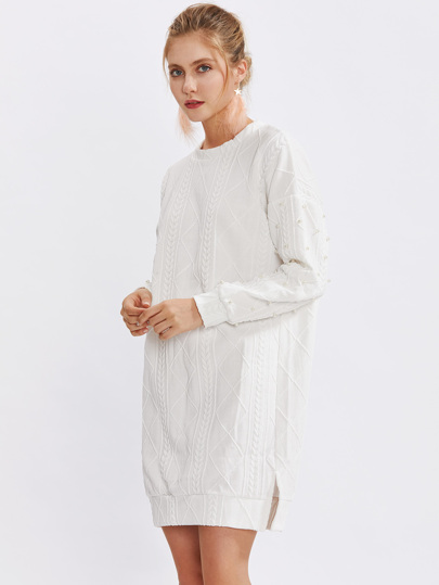 Pearl Detail Side Split Cable-Knit Dress