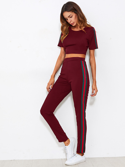 Side Striped Crop Tee With Pants