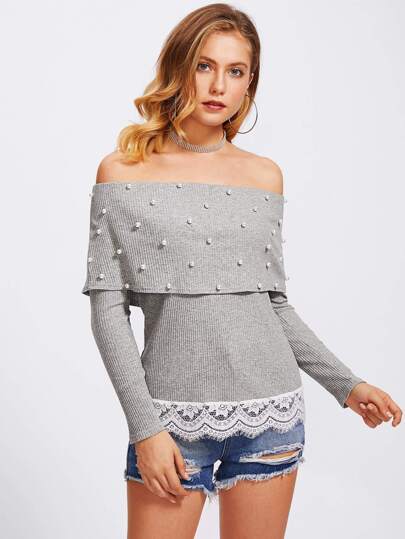Lace Trim Pearl Beading Foldover Bardot Tee