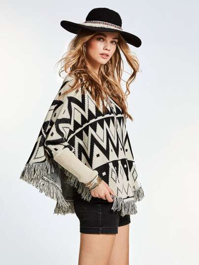 Fringe Hem Geo Knit Poncho Sweater