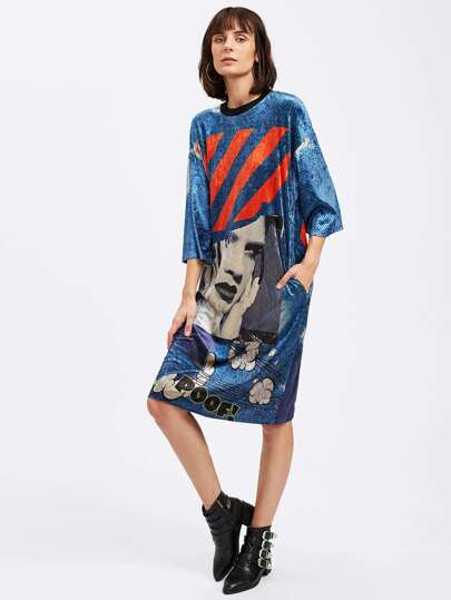 Robe Tee en velvet imprimé graphique