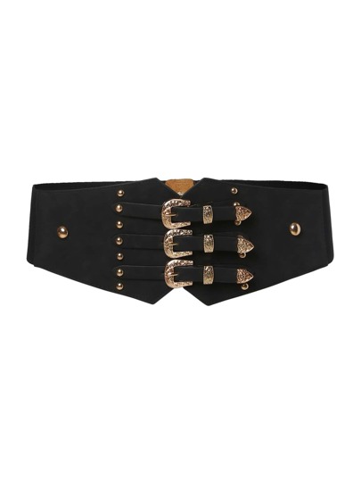 Triple Buckle Rivet Detail Elastic Belt
