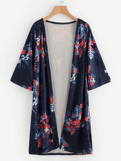 Kimono long en velvet imprimé fleur