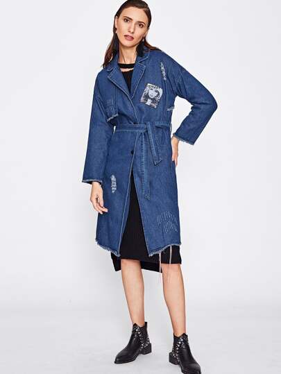 Frayed Hem Denim Trench Coat