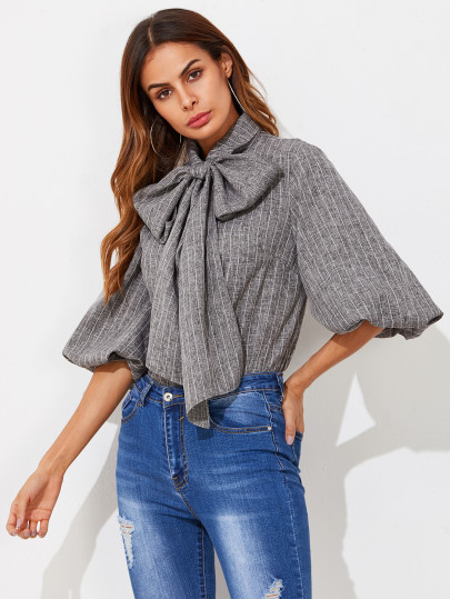 Exaggerated Lantern Sleeve Tied Neck Striped Blouse