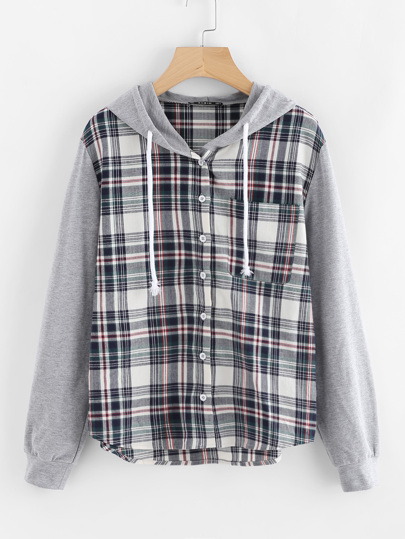 Check Blouse With Jersey Hood And Sleeve
