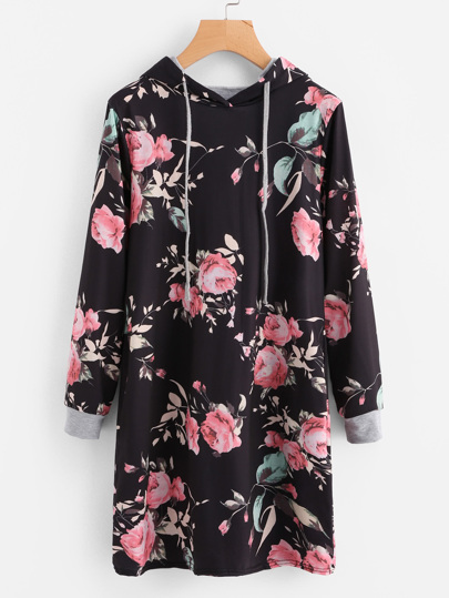 Hooded Floral Print Sweatshirt Dress