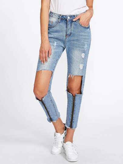 Zipper Ripped Knees Frayed Hem Crop Jeans