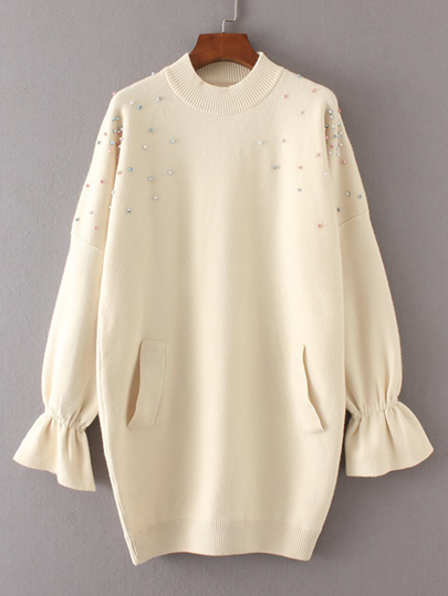 Beaded Detail Fluted Sleeve Sweater Dress