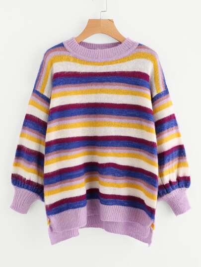 Lantern Sleeve Staggered Striped Jumper
