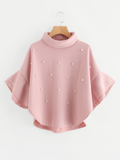 Pearl Beading Tiered Cuff Ribbed Cape Coat