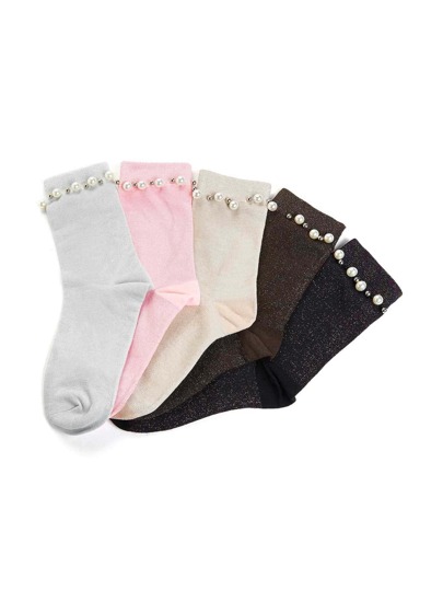 Faux Pearl Detail Ankle Socks 5pairs