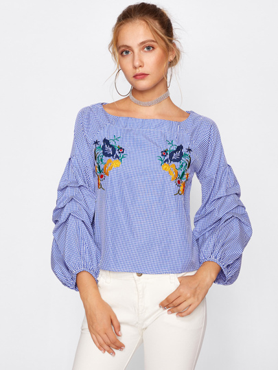 Puff Sleeve Flower Embroidery Gingham Top