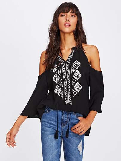 Aztec Print Open Shoulder Tassel Tie Top
