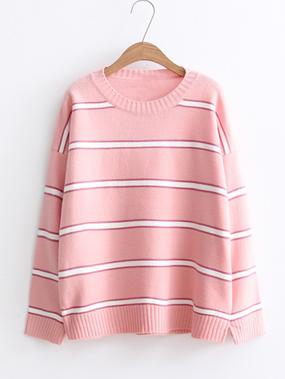 Ribbed Trim Striped Sweater